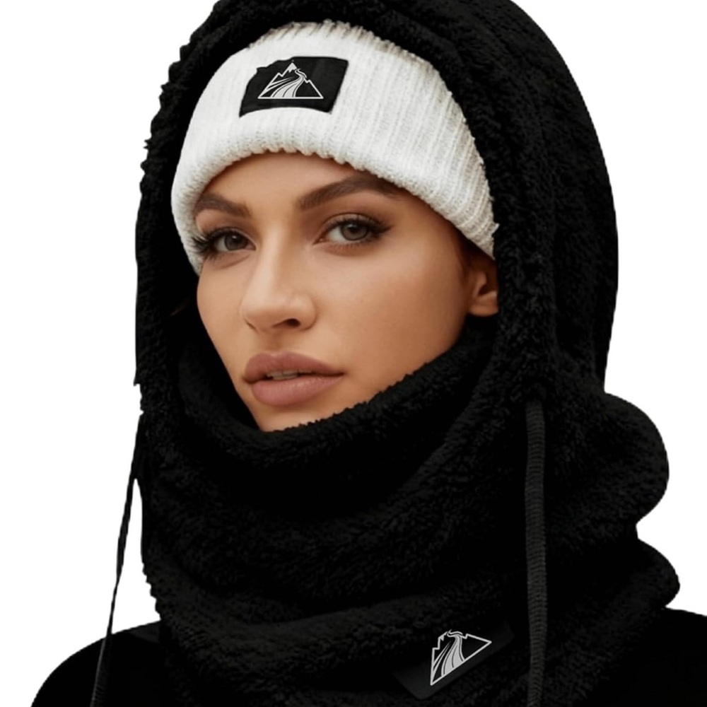 Black and White Hooded Scarf with Beanie